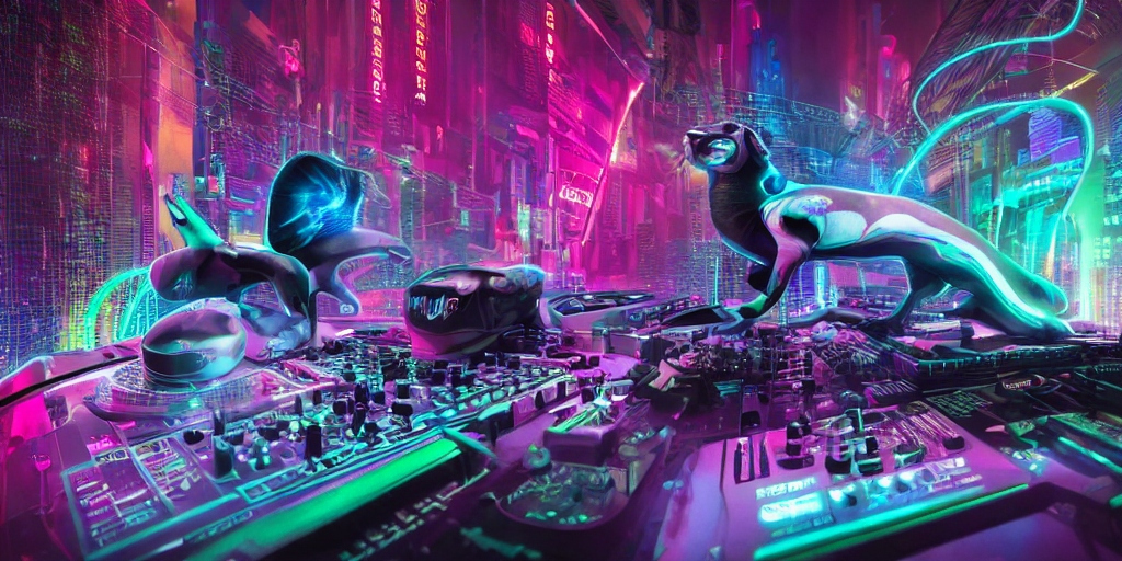 DJ PVMA pet beagle with neon colors and a digital coded chrome neon futuristic feel