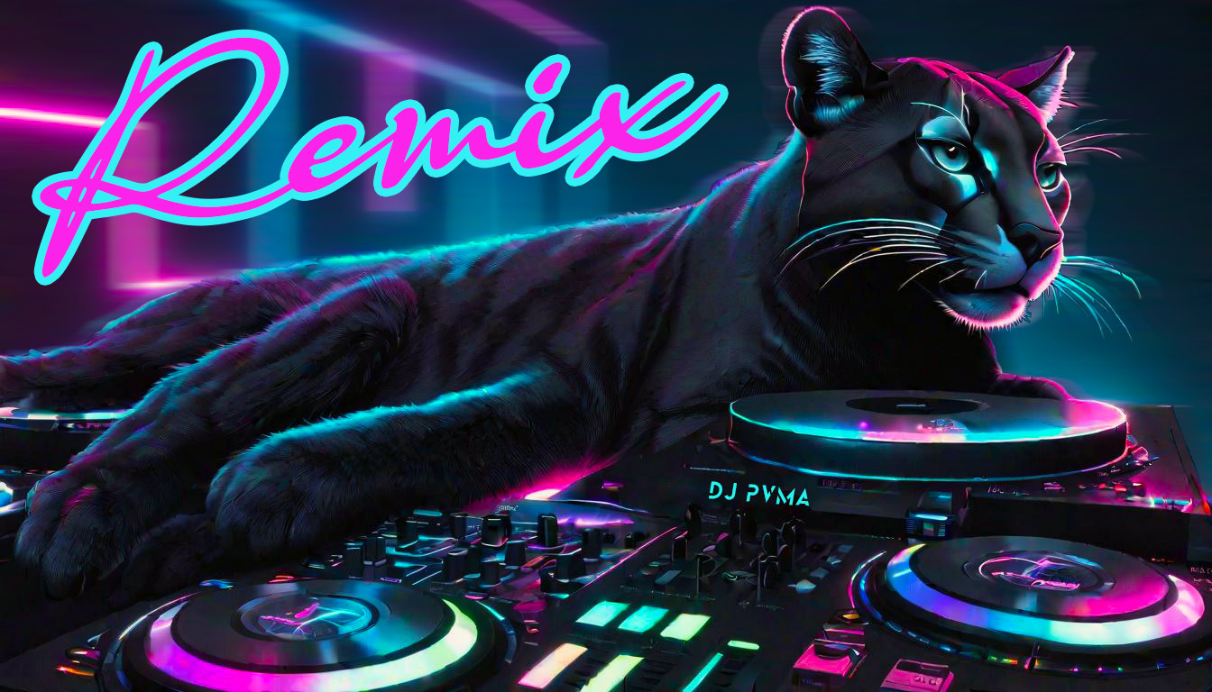 DJ PVMA logo on DJ gear and there's a Puma laying next to the DJ gear and in pink text with turquoise blue outline it says the word Remix and the scene is set in a night club with neon pink and blue blurred lights.