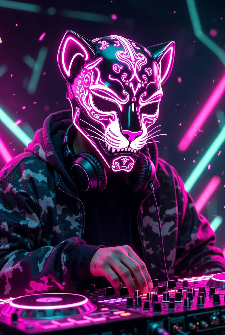 DJPVMA Influences promo photo showing a dj in a glowing neon pink lined sugar skull puma shaped mask