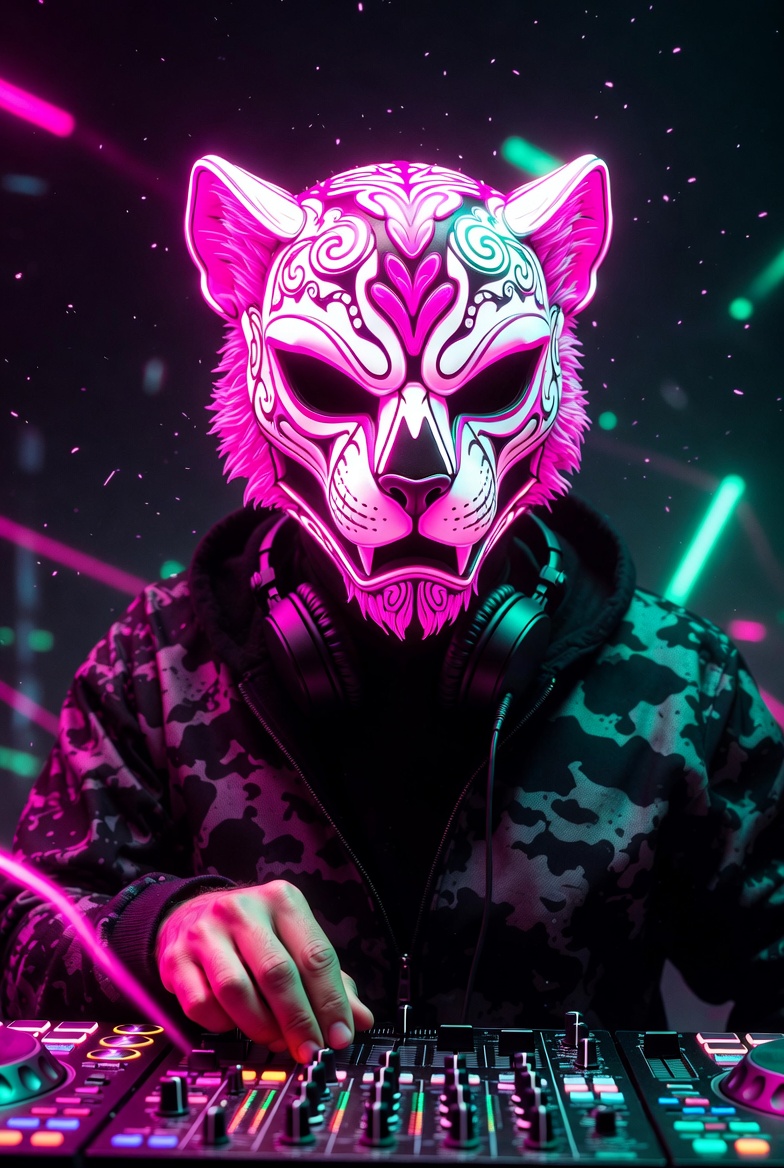 DJPVMA Influences promo photo showing a dj in a glowing neon pink lined sugar skull puma shaped mask