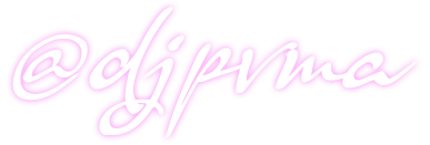 d j p v m a logo in white handwritten cursive text and a pink glow on the oter edges of the text