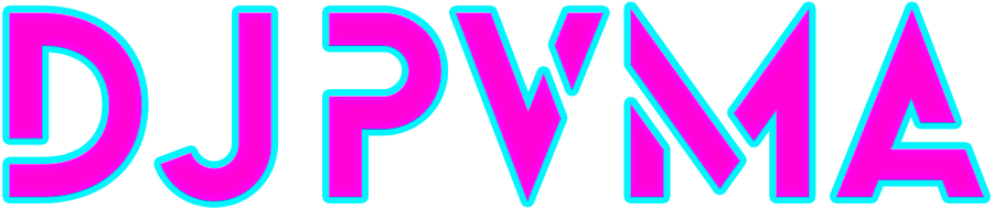 DJ P, V, M, A, bubble gum wrapper inspired name title with pink letters and a thick turquoise outline