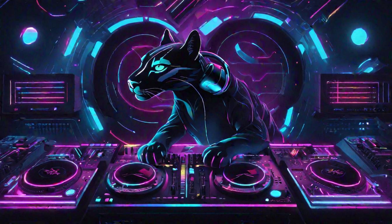 a puma that is a dj that is standing over a set of turntables in what looks like a neon lit night club