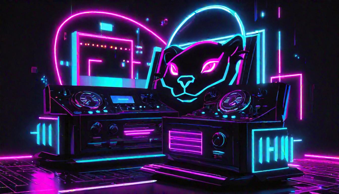DJ PVMA Influences promo photo showing a neon panther popping out of the monitor of a DJ set