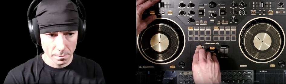 DJ Puma livestream snapshot of him using a pioneer ddj rev 1 dj controller while streaming