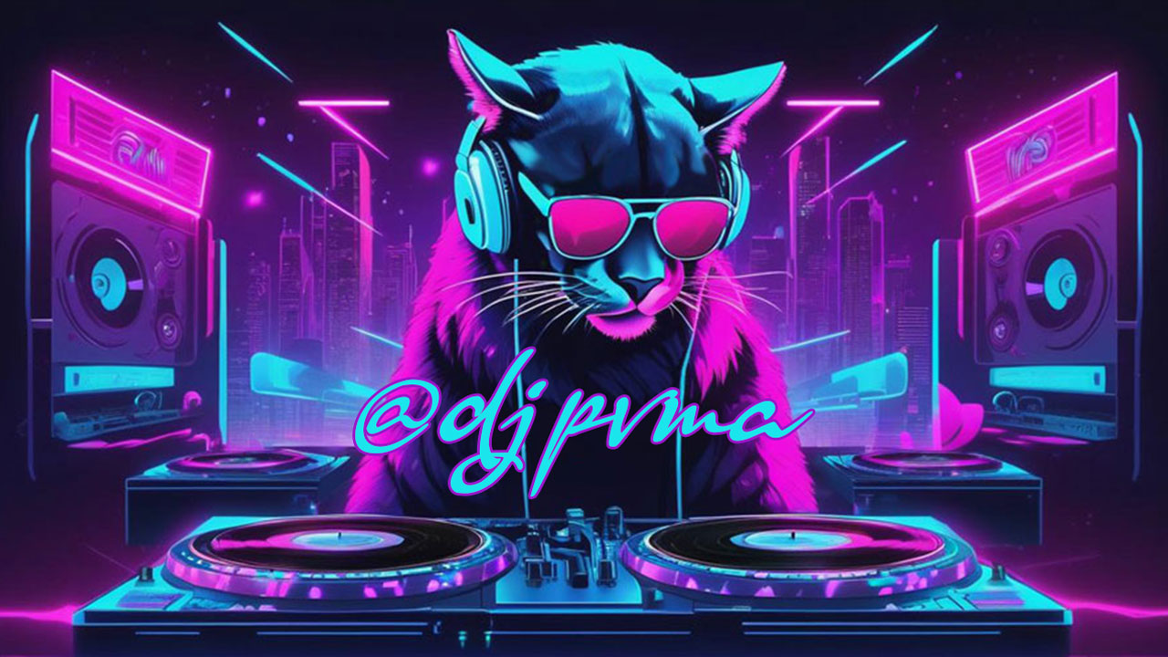 A puma behind a set of turntables at a nightclub surrounded by music performance equipment, and pink and blue lights are in the background of the club and it has the dj's handle. Follow DJ PUMA @ D J P V M A.