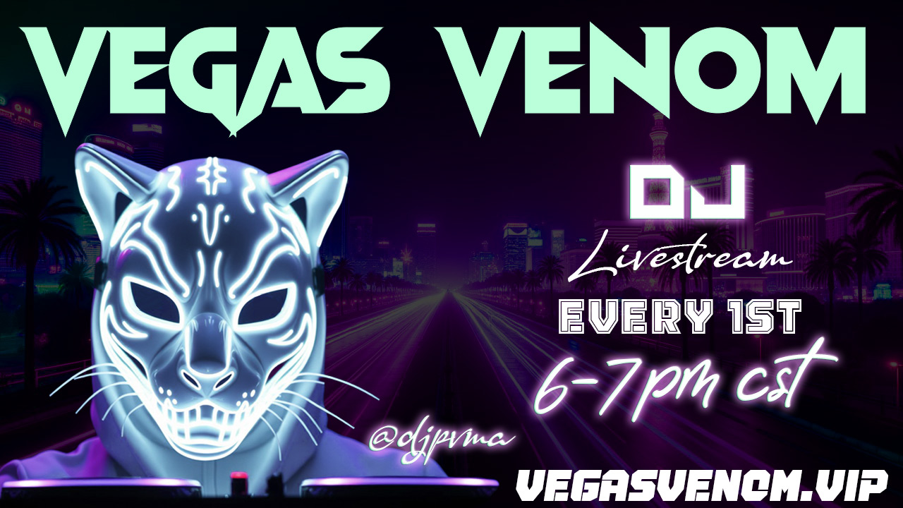 Vegas Venom in venom green neon text with a black viper that has a venomous neon glowing stripe down it's coiled body