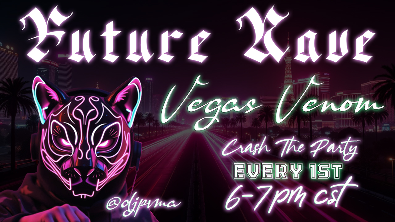 Vegas Venom in black text hovering above a black and neon pink glowing snake with a soft white background and a black @ d j p v m a logo in the bottom right corner