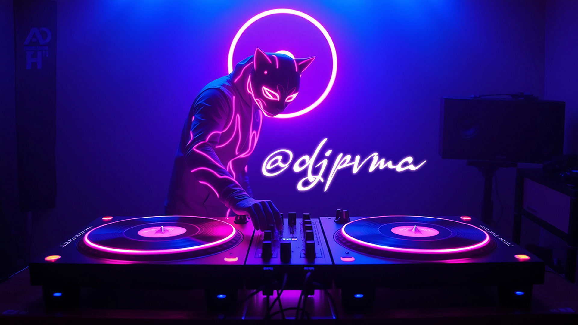 DJPVMA in a dark blueish white skin-tight jumpsuit that has hot-pink neon light strings zig zagged across his chest and some going down and up his sleeves in the shape of fire, he is wearing a, industrial-strength steam punk neon lit puma mask, and the feline features are well lined with the neon strings of lights. His body is pointleft and his right hand is adjusting one of the knobs on the mixer of his neon pink turntables. The turntables have a pink glow coming from under the mixer, and the digital jog wheels that are shaped like it has realistic o.g. records and silver pin knob that sits in the center of the record to hold it into place, and the records both have a neon pink light on the edge, and the center of the record where the sticker usually is, is a nein pink lit area that mocks the sticker area. There is a neon almost navy or deep sea blue set of dimmed light coming from above the photo and setup against the wall behind his dj area. The left corner of the room has a long black slim-banner that is draped down the whole side of the room almost, and there is a speaker set up on the right of the room on top of an event speaker stand, and a bass cab underneath in front of it along the right wall. Where his head is, he has an even hotter pink neon light in the shape of a circle with a small light in the shape of a smaller circle in the center that looks like a flat design of a record with the hole of the record in the center. His hot pinkish white d j p v m a logo is between the speaker and him and above his turntables. Thanks for listening! Have a nice day. - d j p v m a