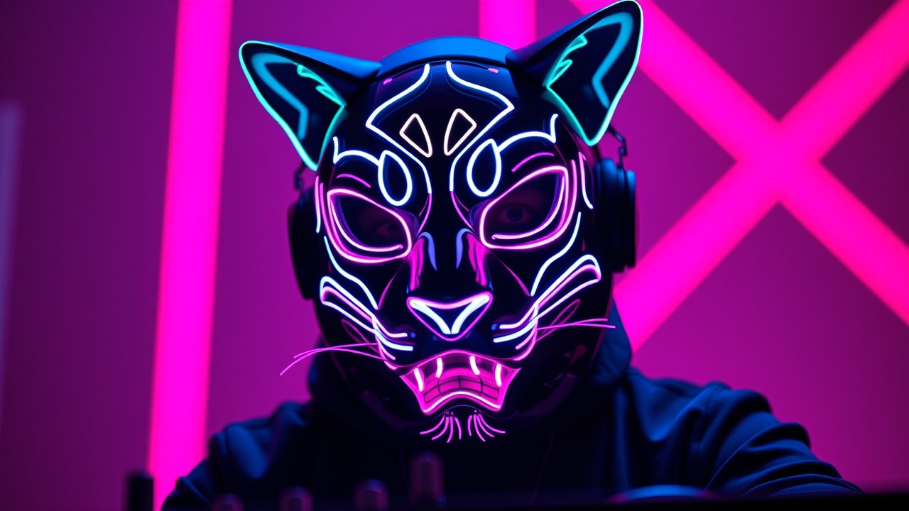 DJPVMA in a dark blueish white skin-tight jumpsuit that has hot-pink neon light strings zig zagged across his chest and some going down and up his sleeves in the shape of fire, he is wearing a, industrial-strength steam punk neon lit puma mask, and the feline features are well lined with the neon strings of lights. His body is pointleft and his right hand is adjusting one of the knobs on the mixer of his neon pink turntables. The turntables have a pink glow coming from under the mixer, and the digital jog wheels that are shaped like it has realistic o.g. records and silver pin knob that sits in the center of the record to hold it into place, and the records both have a neon pink light on the edge, and the center of the record where the sticker usually is, is a nein pink lit area that mocks the sticker area. There is a neon almost navy or deep sea blue set of dimmed light coming from above the photo and setup against the wall behind his dj area. The left corner of the room has a long black slim-banner that is draped down the whole side of the room almost, and there is a speaker set up on the right of the room on top of an event speaker stand, and a bass cab underneath in front of it along the right wall. Where his head is, he has an even hotter pink neon light in the shape of a circle with a small light in the shape of a smaller circle in the center that looks like a flat design of a record with the hole of the record in the center. His hot pinkish white d j p v m a logo is between the speaker and him and above his turntables. Thanks for listening! Have a nice day. - d j p v m a