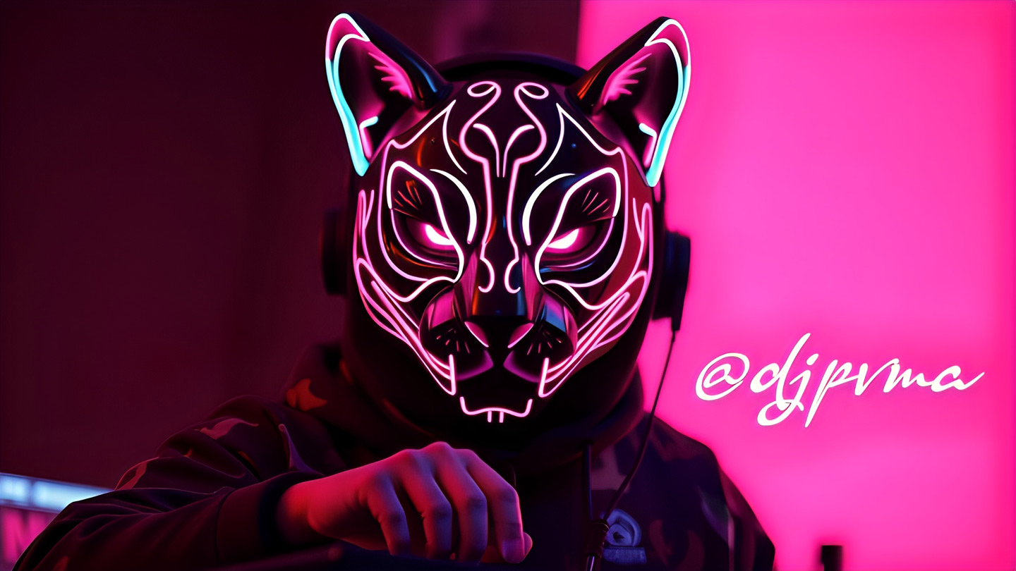 DJPVMA in a neon pink and white lit puma mask in a black camo hoodie with a neon pink and dark pink contrasted background, the dj is wearing a set of headphones and has his right hand ready to mix on his DJ Controller, and there is a white @ d j p v m a logo over the background above his left shoulder. Thanks for listening! Have a nice day. - d j p v m a