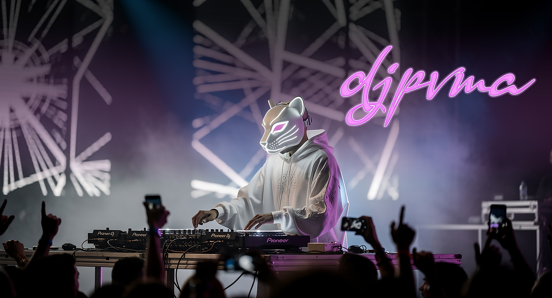 DJPVMA in a white hoodie and a puma head styled mask on a stage with the words in pink and white saying DJPVMA. Thanks for listening! Have a nice day. - d j p v m a