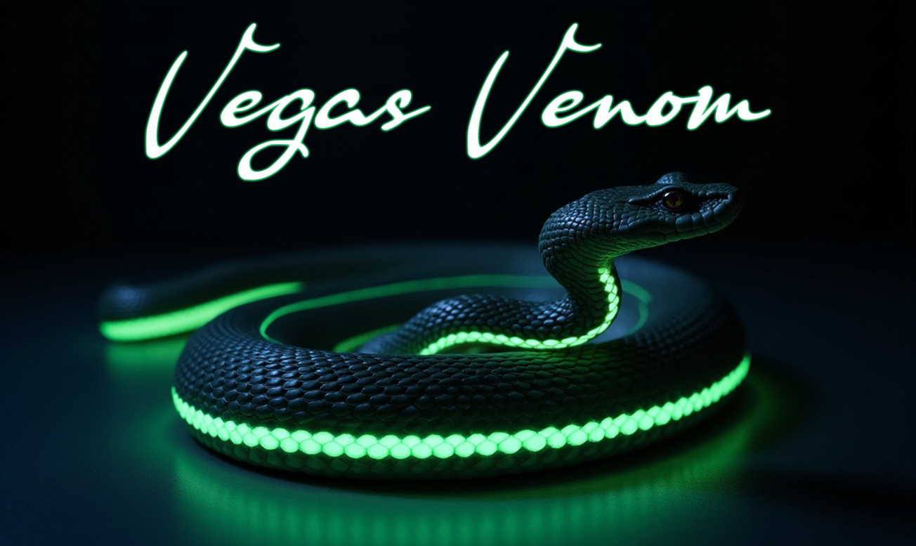 Vegas Venom in venom green neon text with a black viper that has a venomous neon glowing stripe down it's coiled body