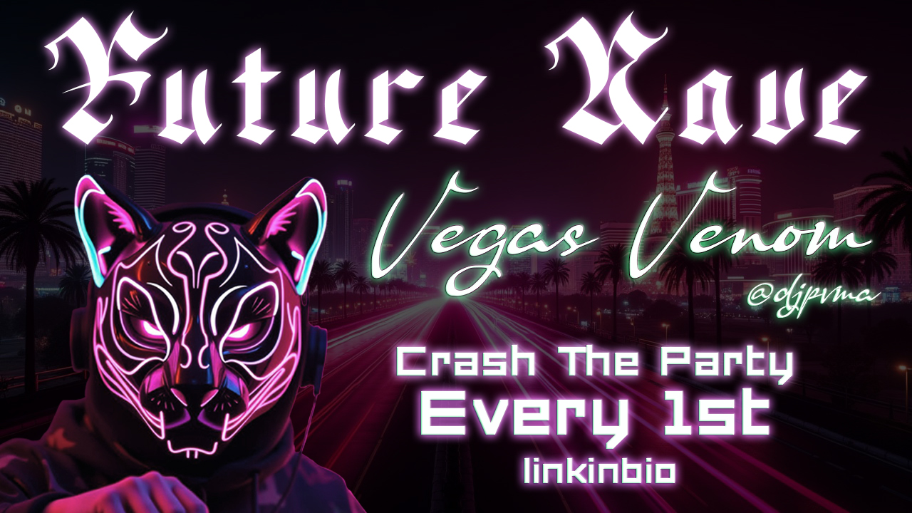 Vegas Venom in black text hovering above a black and neon pink glowing snake with a soft white background and a black @ d j p v m a logo in the bottom right corner