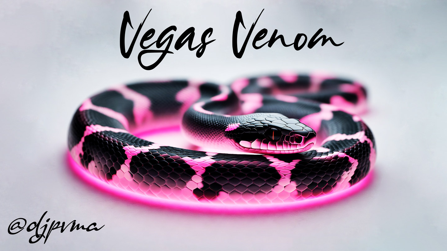 Vegas Venom in venom green neon text with a black viper that has a venomous neon glowing stripe down it's coiled body