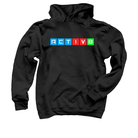 Black hoodie with three cobalt blue blocks, 2 deep red blocks and a kawasaki green block, and the blue blocks have the letters a.c.t., the red blocks have the letter i.v., and the green block has the number 8 in it. The letters are all in white text. Buy ACTIVATE PVMA Wear Clothing