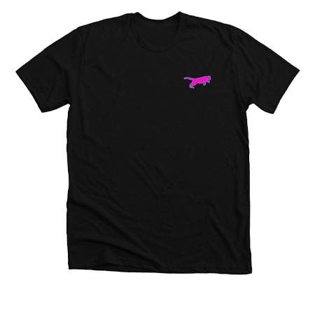 A black shirt with a pink puma leaping across the side of the chest and the pink puma has a turquoise outline. Buy Bubble Pop PVMA Wear clothing.