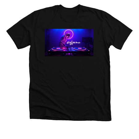 Black apparel with the official DJPVMA steampunk logo text across the front of the shirt with a neon hot-pink lined DJPVMA wearing a neon lined puma mask using a pink edged glowing set of turn tables. Buy PVMA WEAR Clothing