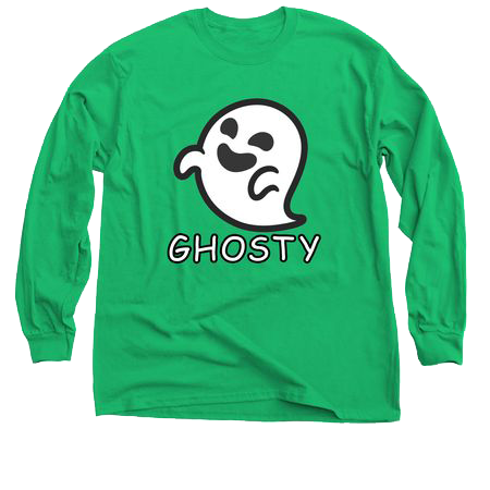 A white ghost similar to the super mario ghost and the ghost has black outlines, and it says in white text with a black border around the text the word ghosty. Buy Ghosty PVMA WEAR Clothing.