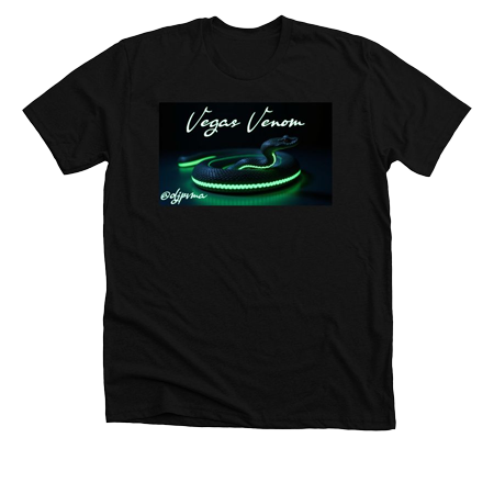 Black apparel with the official VEGAS VENOM DJPVMA logo text across the front of the shirt with a black viper that has a glowing neon green stripe down it's coiled body. Buy PVMA WEAR Clothing